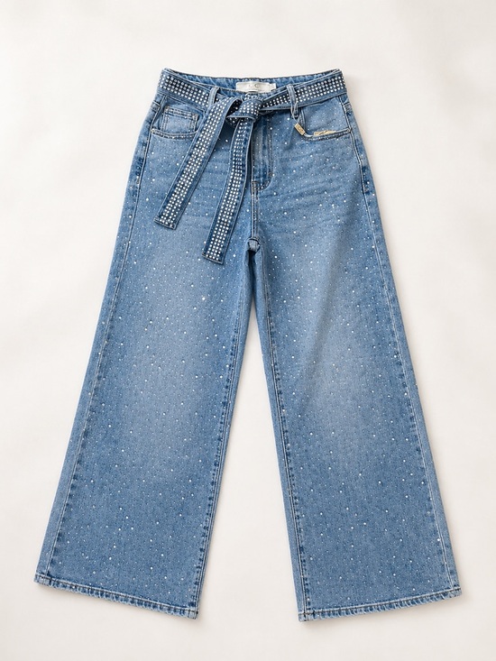 Denim - Wide Leg Embellished Women's Jeans - Light Denim